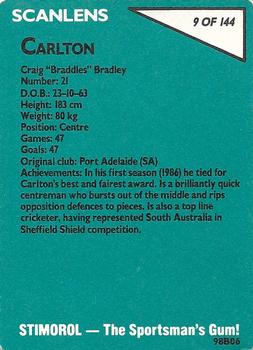 1988 Scanlens VFL #9 Craig Bradley Back